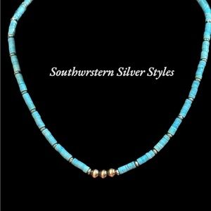 Vintage Turquoise Sterling Silver Navajo Pearls Native American Style Necklace